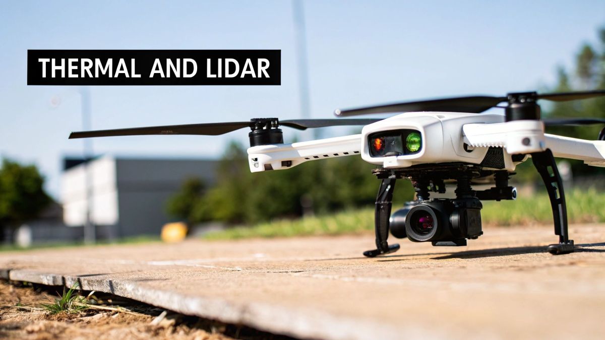A firefighting drone with a thermal camera payload.