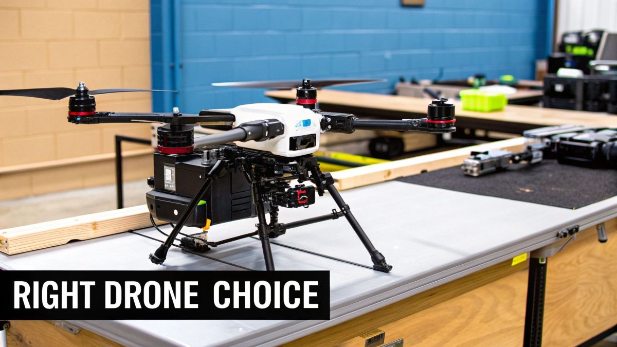 A large, professional white and black multirotor drone with red accents on a grey table in a lab.