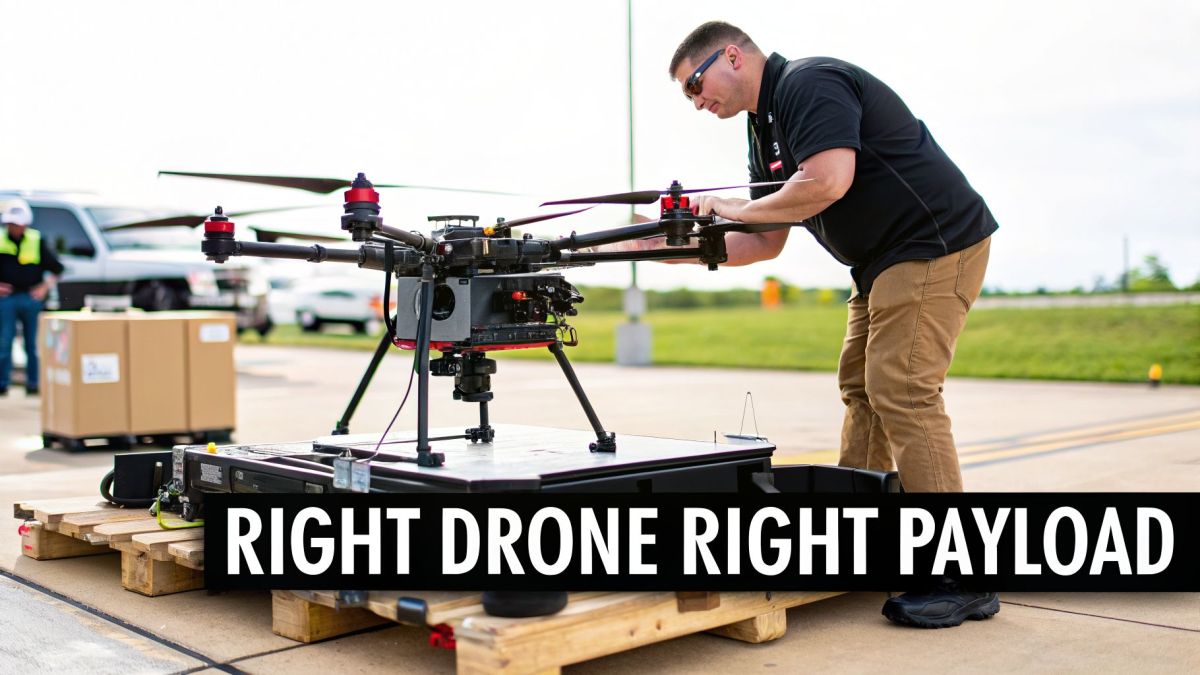 A man in sunglasses adjusts a large drone mounted on a platform outdoors, preparing it for operation.