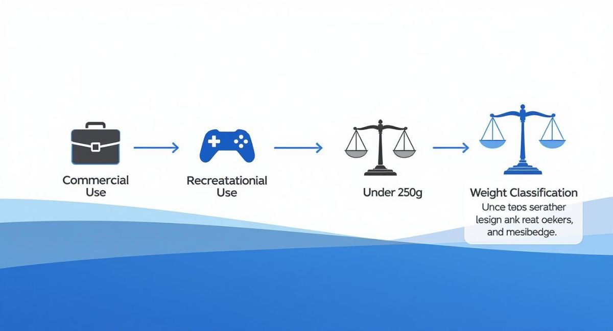 Flowchart illustrating drone classification by use (commercial/recreational) and weight (under 250g), leading to weight classification.