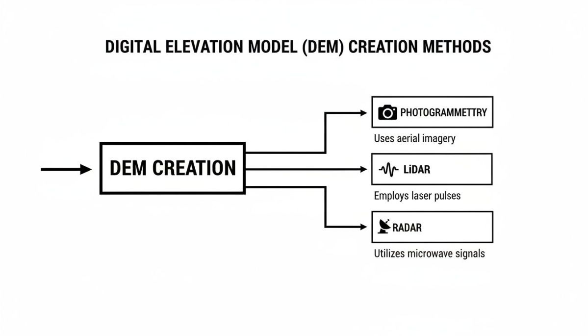 Diagram explaining methods for creating Digital Elevation Models (DEM), such as photogrammetry, LiDAR, and RADAR.