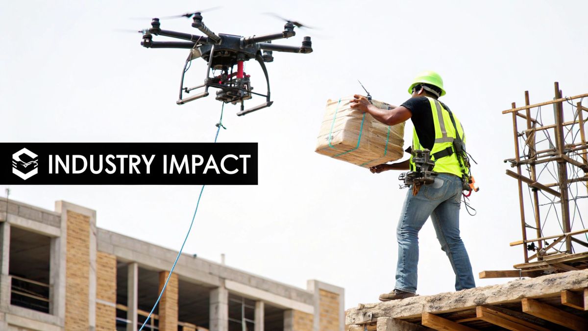 A heavy lift drone carrying a large payload over a rugged Australian landscape.