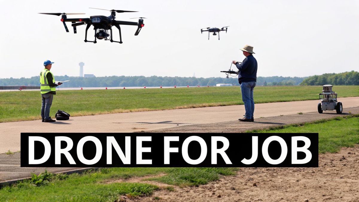 Two men operating professional drones outdoors on an airfield, with an airport tower visible in the distance.