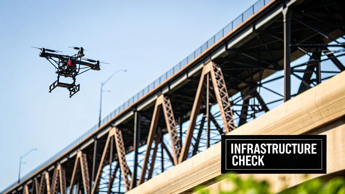 A drone flies in front of a massive iron bridge under a clear sky, performing an infrastructure check.