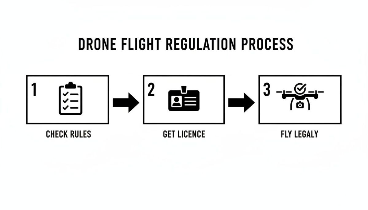 A clear, three-step infographic showing the drone flight regulation and licensing process.