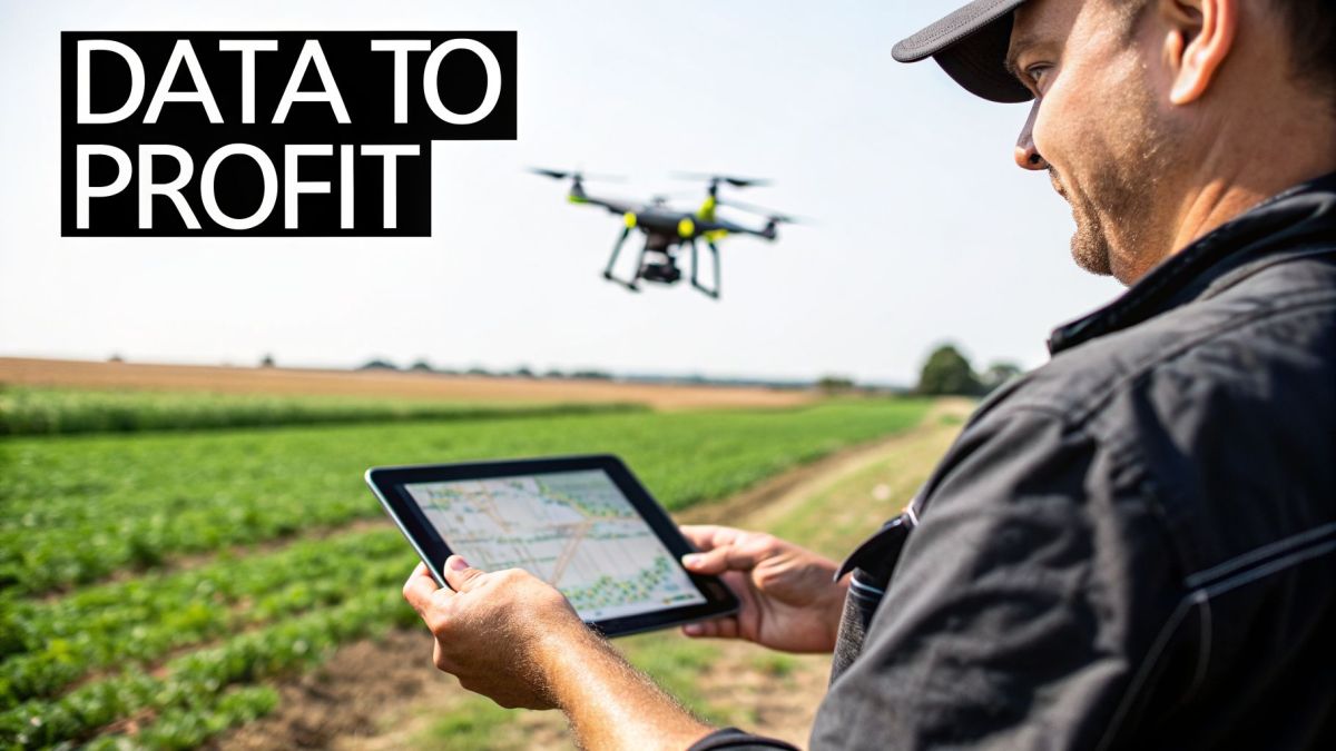 A farmer uses a drone and tablet with map data to optimize crop yield for profit.