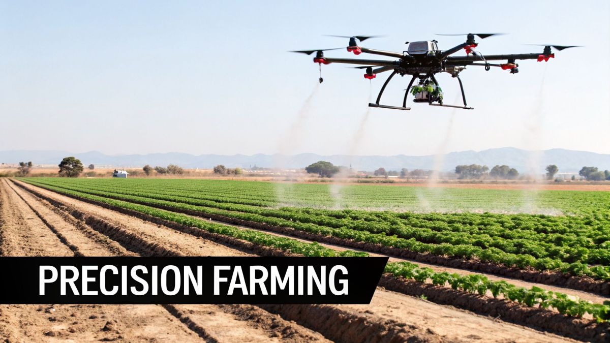 An agricultural drone sprays a field of green crops under a clear sky, highlighting precision farming.