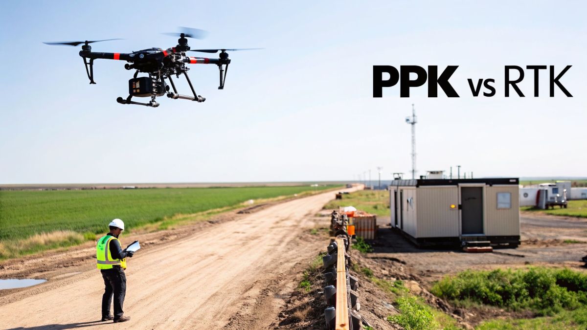 A drone flies over a dirt road, operated by a person in a hard hat, comparing PPK vs RTK.