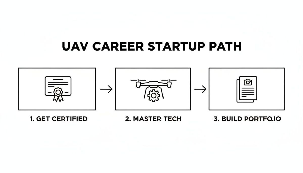 Diagram showing a three-step UAV career startup path: get certified, master tech, and build portfolio.