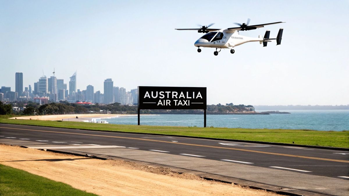 A rideable drone flying over a vast, rugged Australian landscape, showcasing its potential for tourism and remote access.