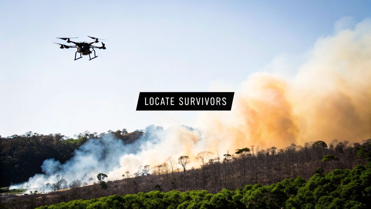A fire rescue drone flying over a fire scene