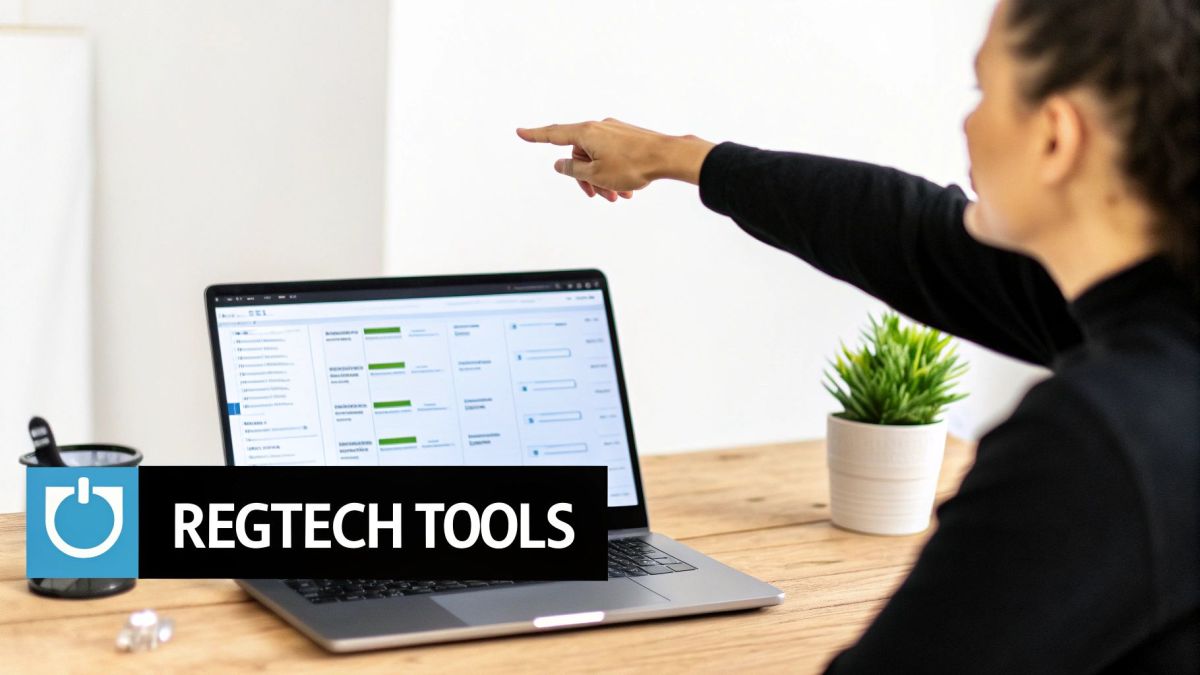 A person using a tablet with data visualisations, representing modern compliance management technology.