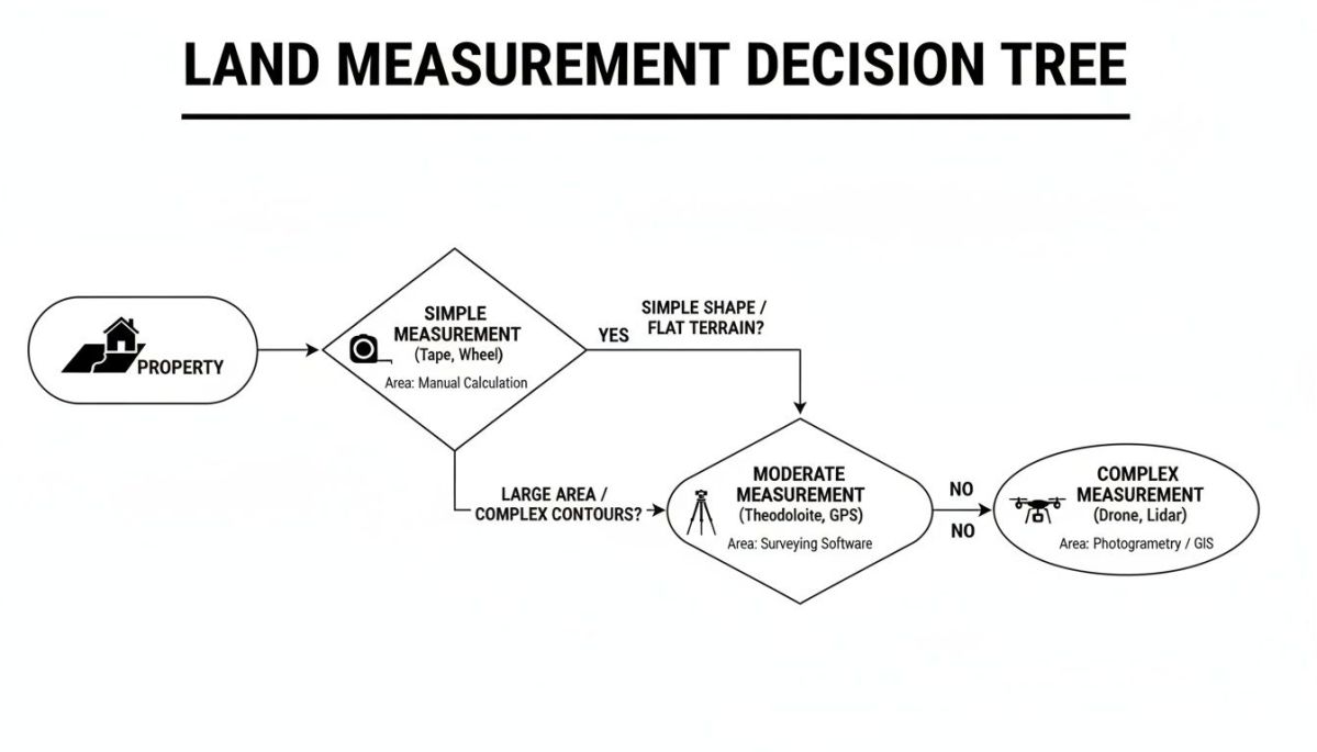 Decision tree illustrating land measurement methods from simple to complex based on terrain and area.
