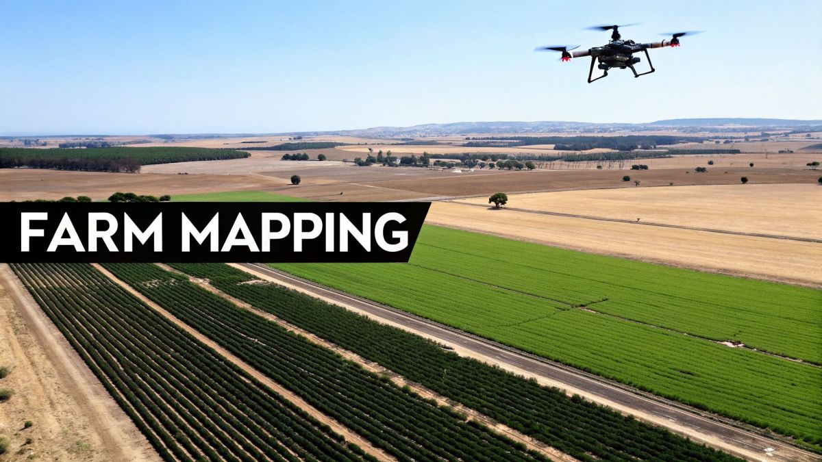 A drone flies over vast agricultural fields with green crops and dry land under a clear blue sky, showing 'FARM MAPPING'.