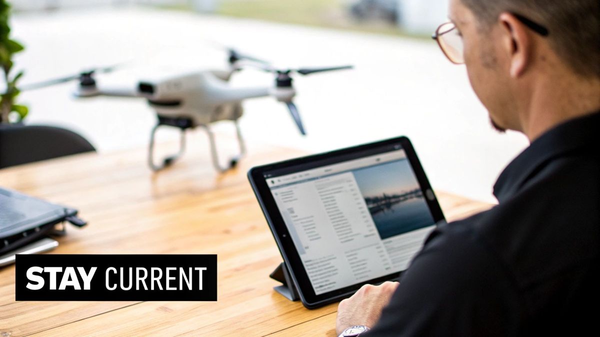 A man in glasses operates a tablet next to a drone, likely managing flight operations or data.