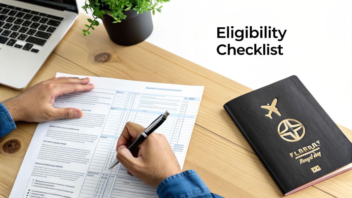 Overhead view of a person filling an eligibility checklist form, with a passport and laptop on the desk.