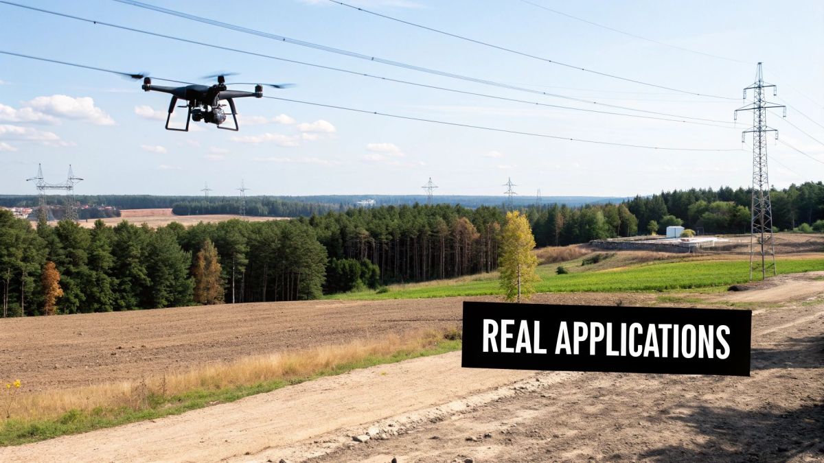 An aerial drone inspects power lines and towers across fields and forests under a clear sky.