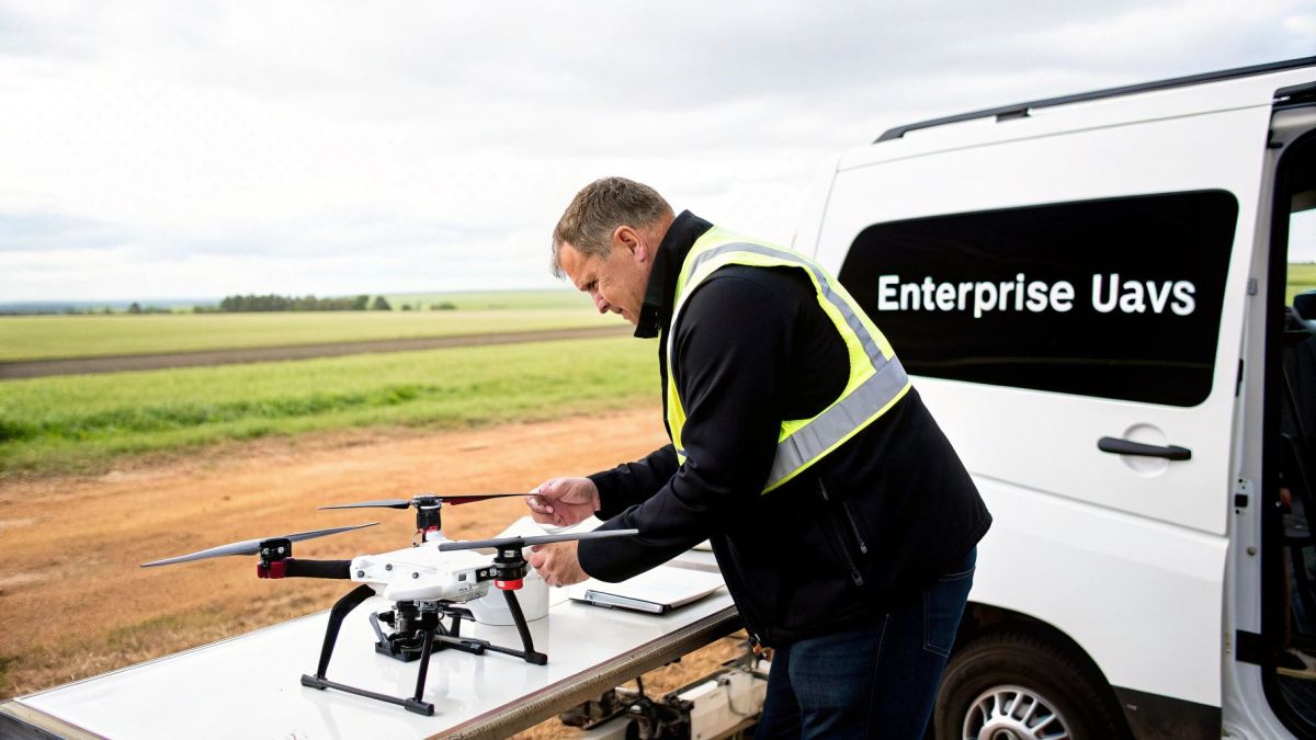 Man in a high-visibility vest preparing a white drone next to an 'Enterprise Uavs' van in a field.