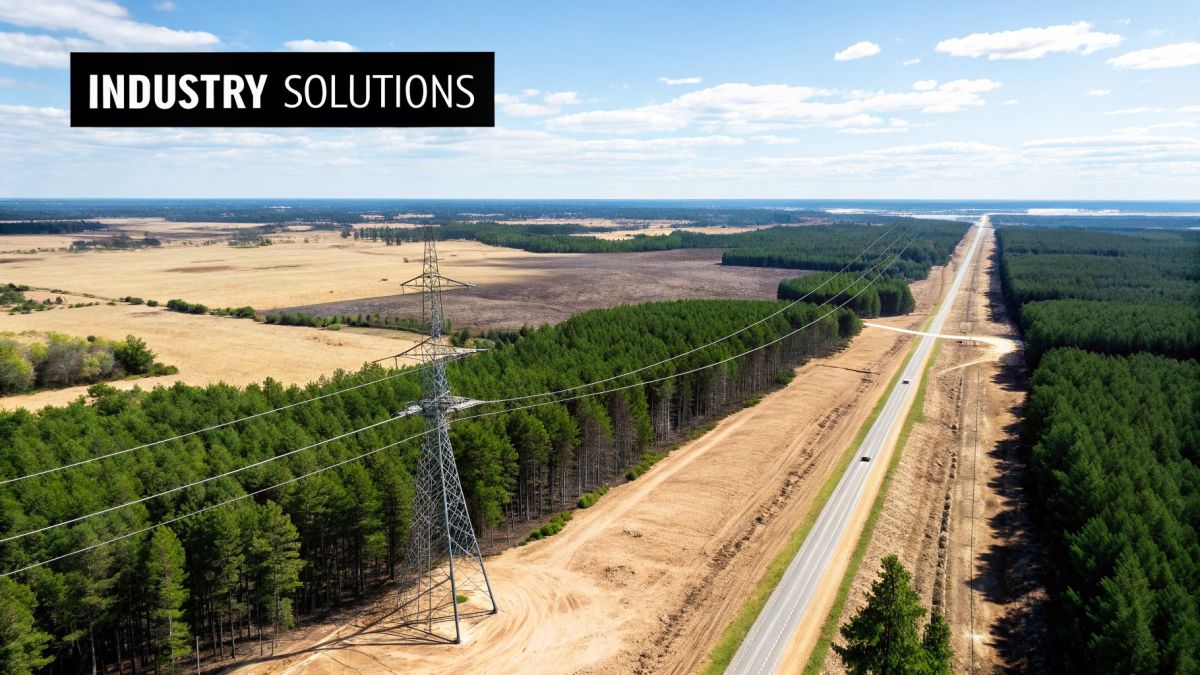 Aerial view of a long road cutting through forests and fields, with a power line tower and wires.