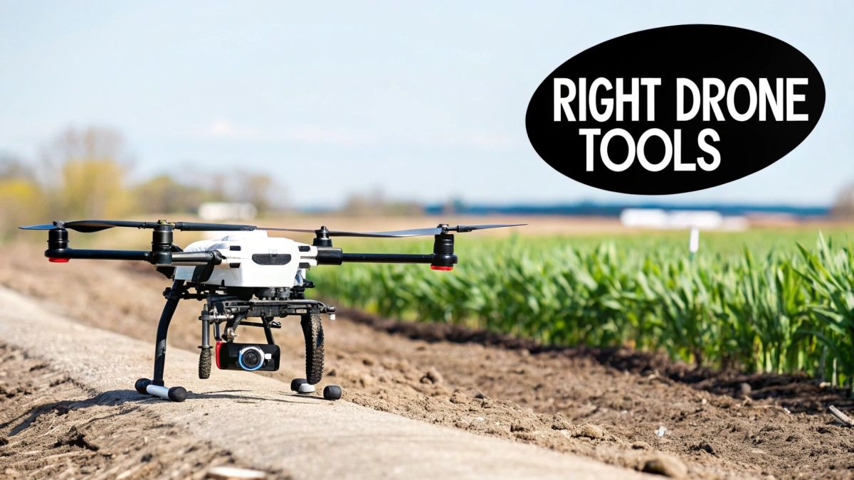 A white agricultural drone with a camera on a dirt path next to a crop field. Text: RIGHT DRONE TOOLS.