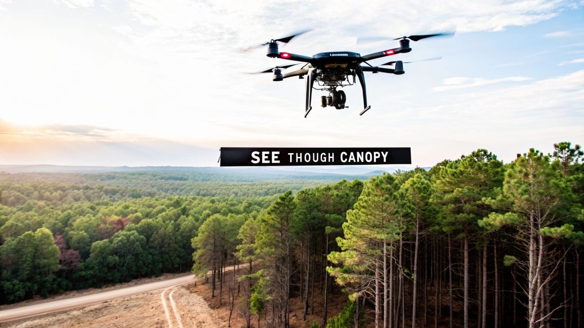 A drone with a 'SEE THOUGH CANOPY' banner flies over a vast green forest and dirt road.
