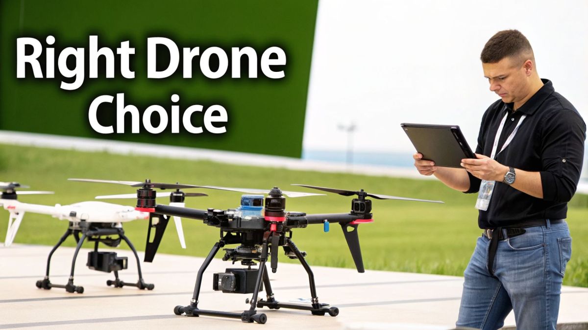 A man holding a tablet inspects two professional drones on the ground, with text 'Right Drone Choice'.