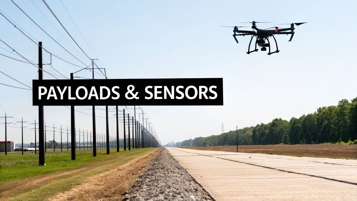 A drone flies over power lines and a path, showcasing payloads and sensors.