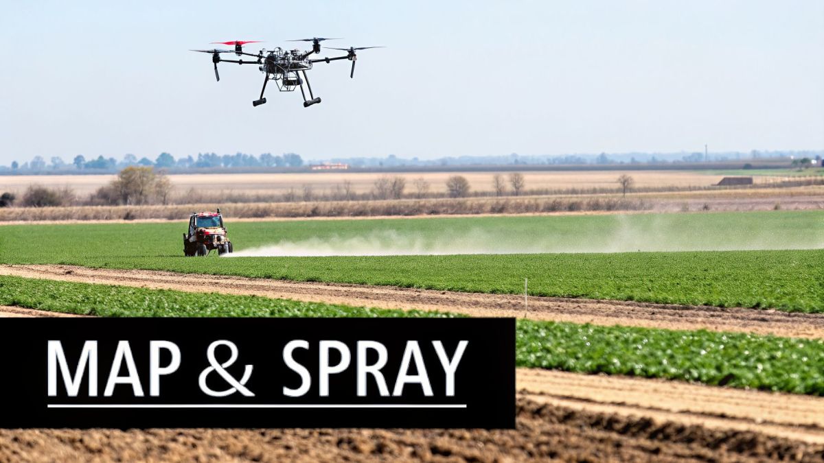 A drone flies above a vibrant green field while a tractor sprays crops, showcasing agricultural technology.