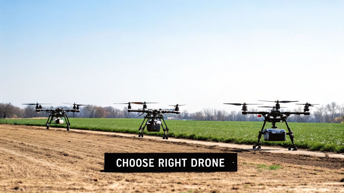 Three agricultural drones lined up on a dirt path next to a green field under a clear sky with text.