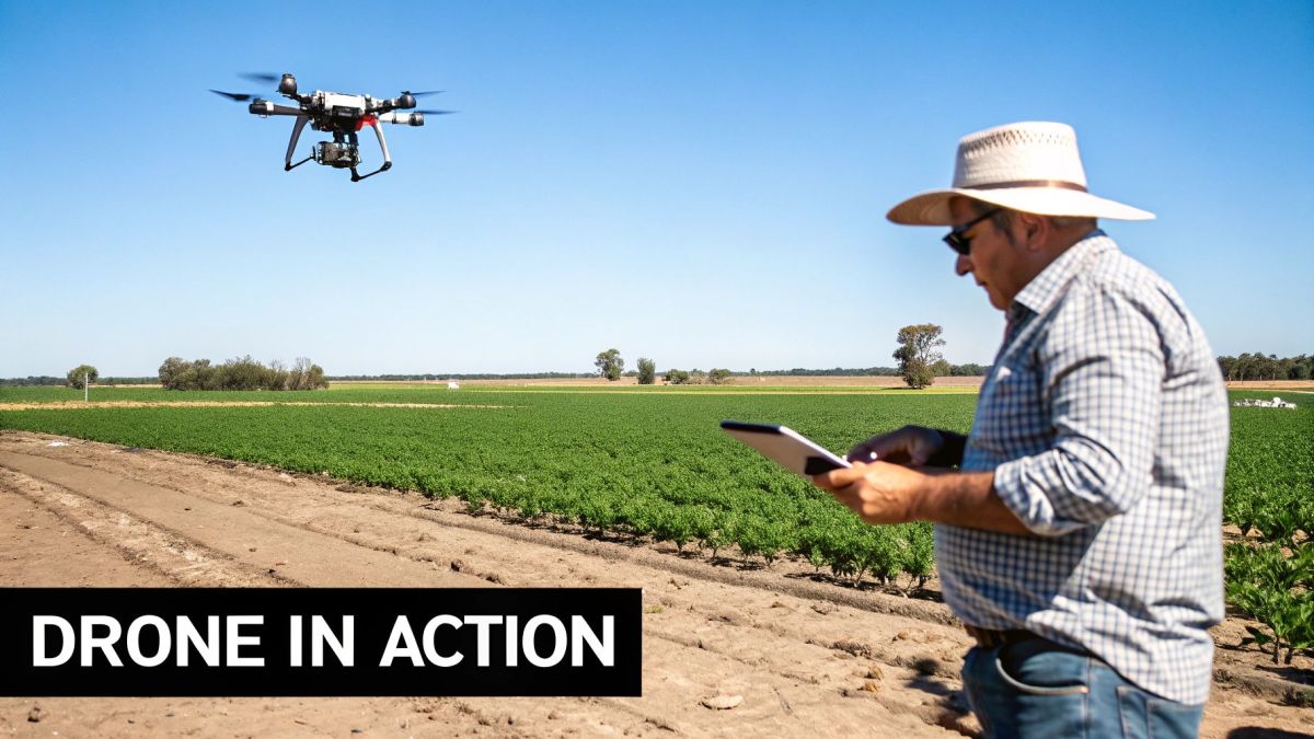 A farmer uses a tablet to control a drone flying over a green crop field.