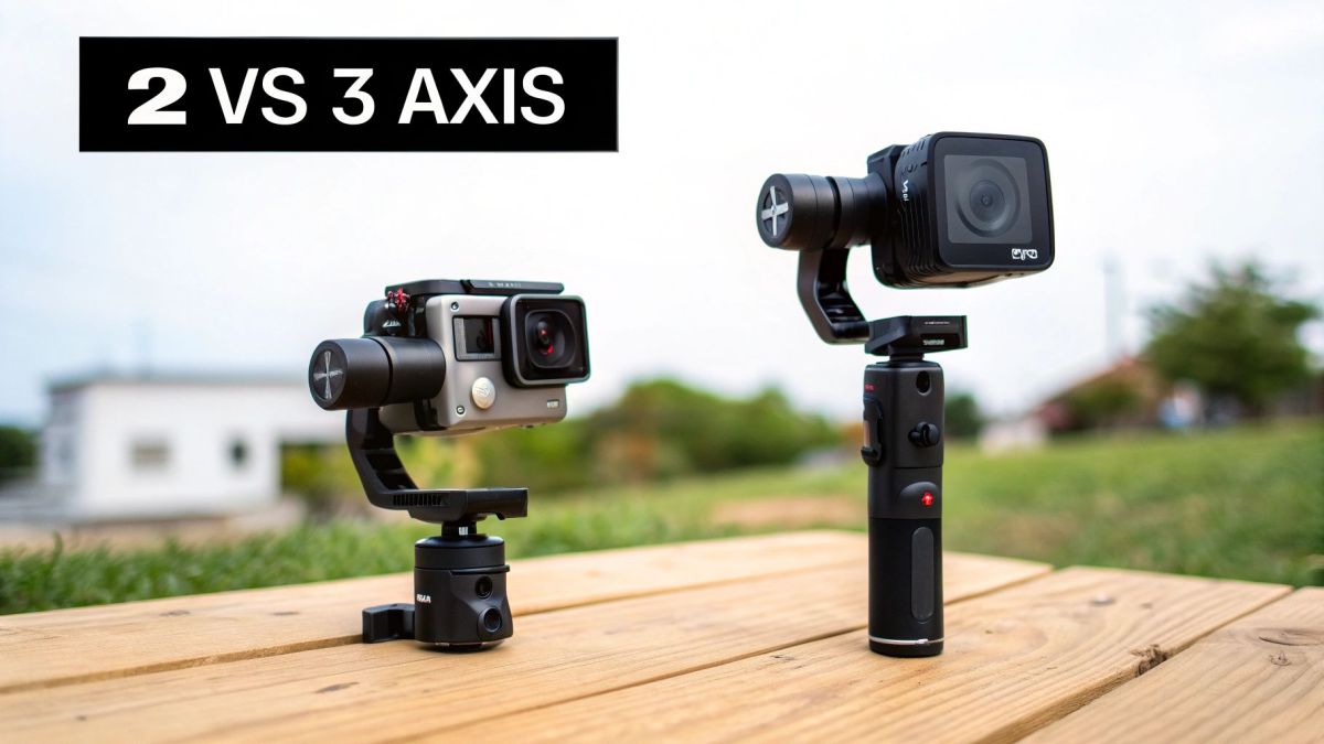A person holding a camera mounted on a 2 axis gimbal, demonstrating its use in capturing stable video footage.
