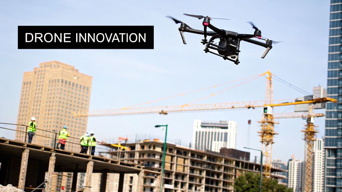 A futuristic drone flying through a modern cityscape, representing the future of commercial UAS innovation.