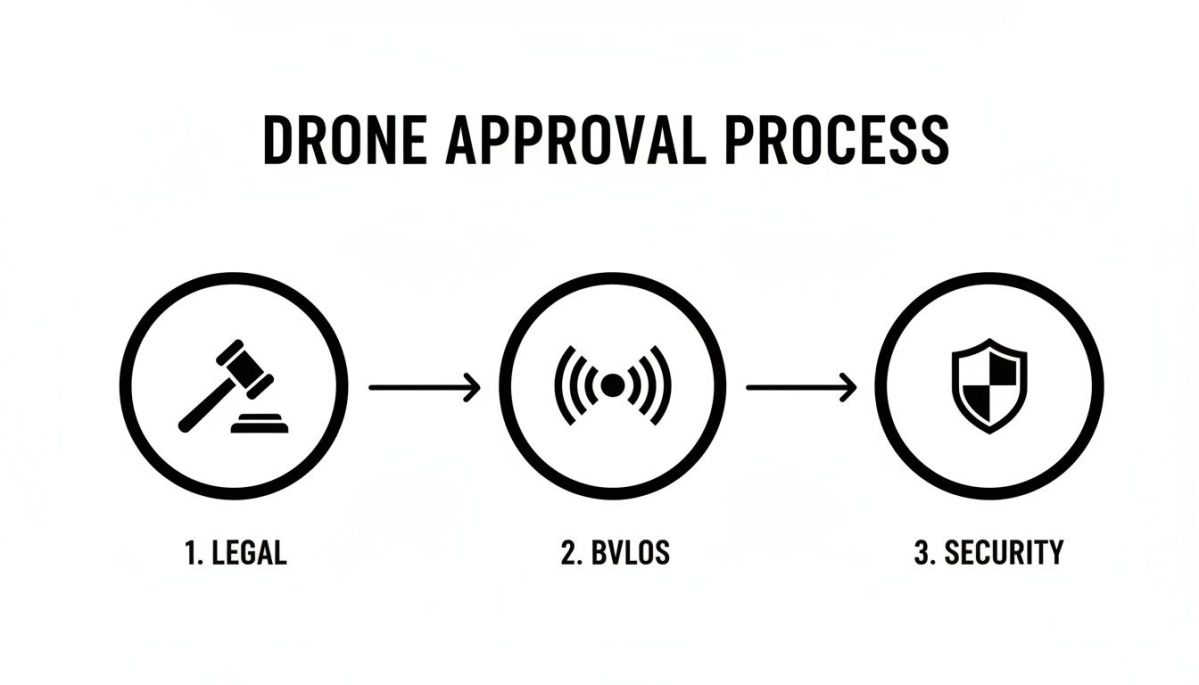 Diagram illustrating the drone approval process with three steps: Legal, BVLOS, and Security.