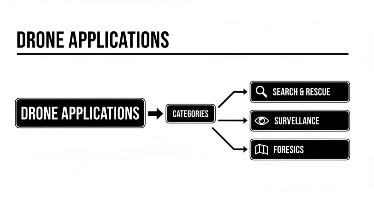 A flowchart illustrates drone applications, categorized into search and rescue, surveillance, and forensics.
