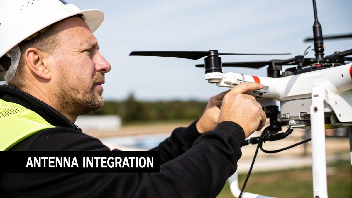 A man in a hard hat and safety vest performs antenna integration on a white drone outdoors.