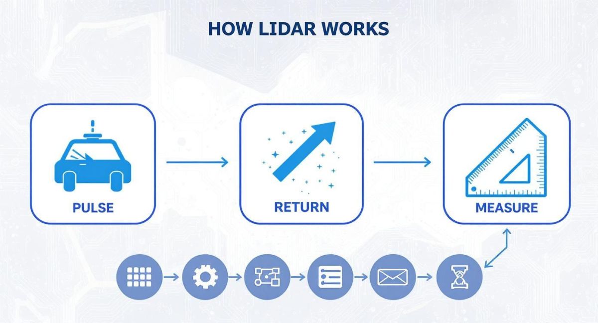 An infographic detailing how LiDAR technology works, showing steps like pulse emission, return, and distance measurement.