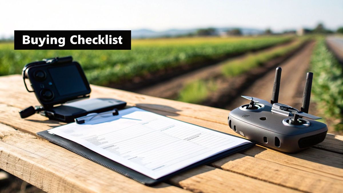 Two drone controllers and a checklist on a wooden table, set against a green agricultural field.