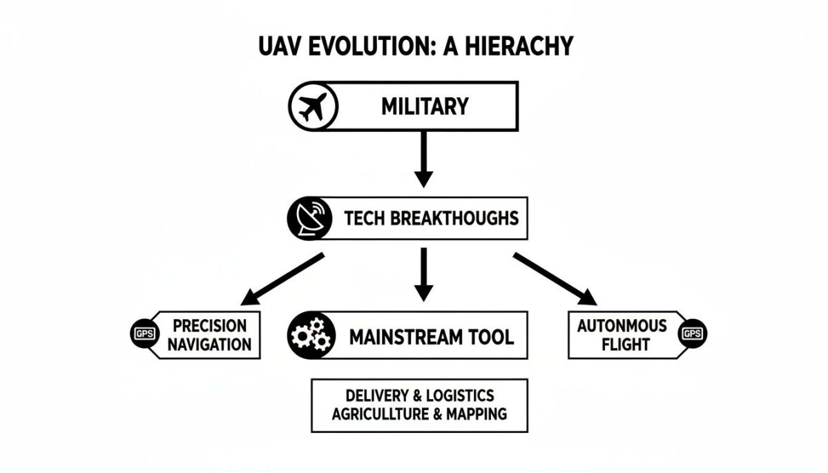 A diagram illustrating the hierarchical evolution of UAVs, from military origins and tech breakthroughs to mainstream tools and autonomous flight.