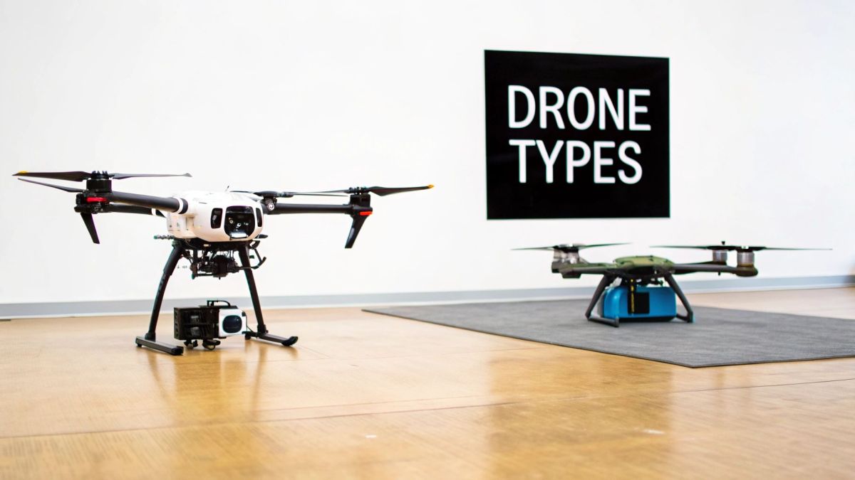 Two commercial drones, a white one and a dark one, displayed indoors next to a 'DRONE TYPES' sign.