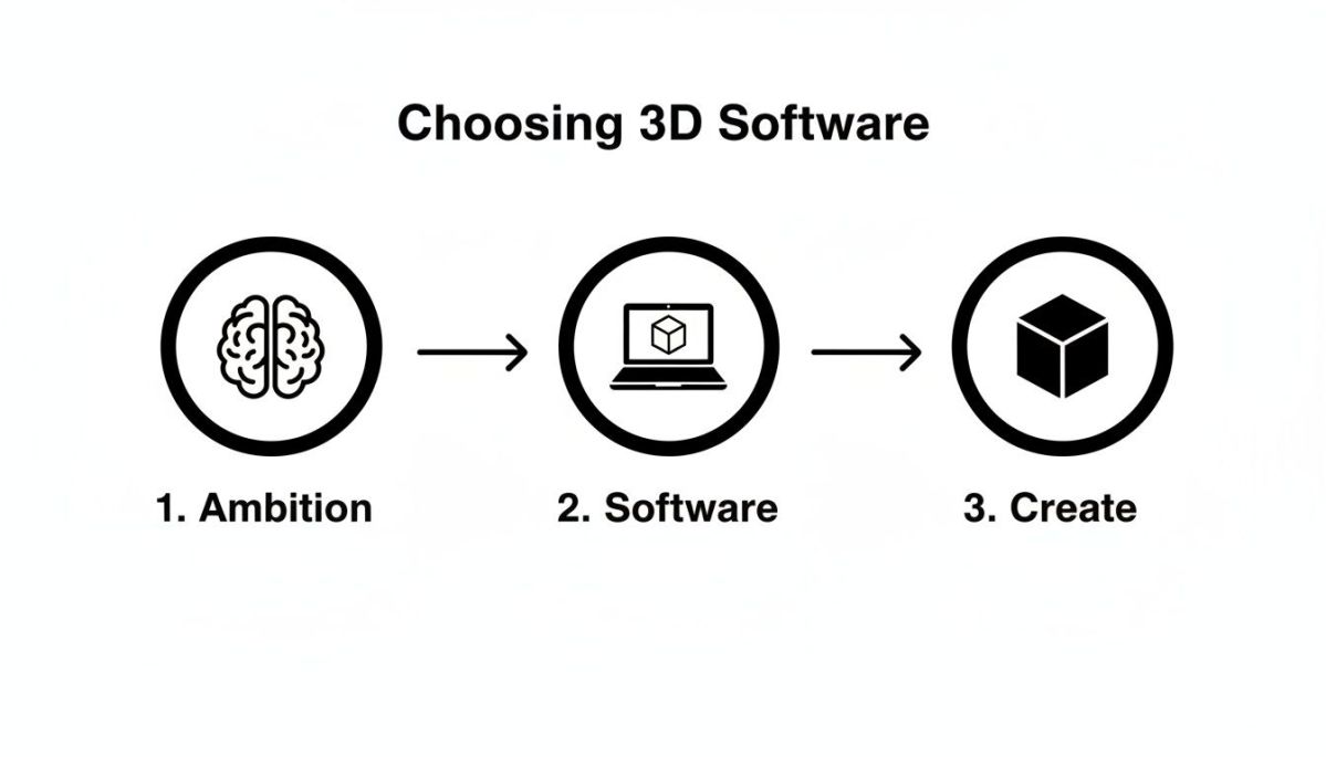 A three-step diagram outlining how to choose 3D software: Ambition, Software, and Create.