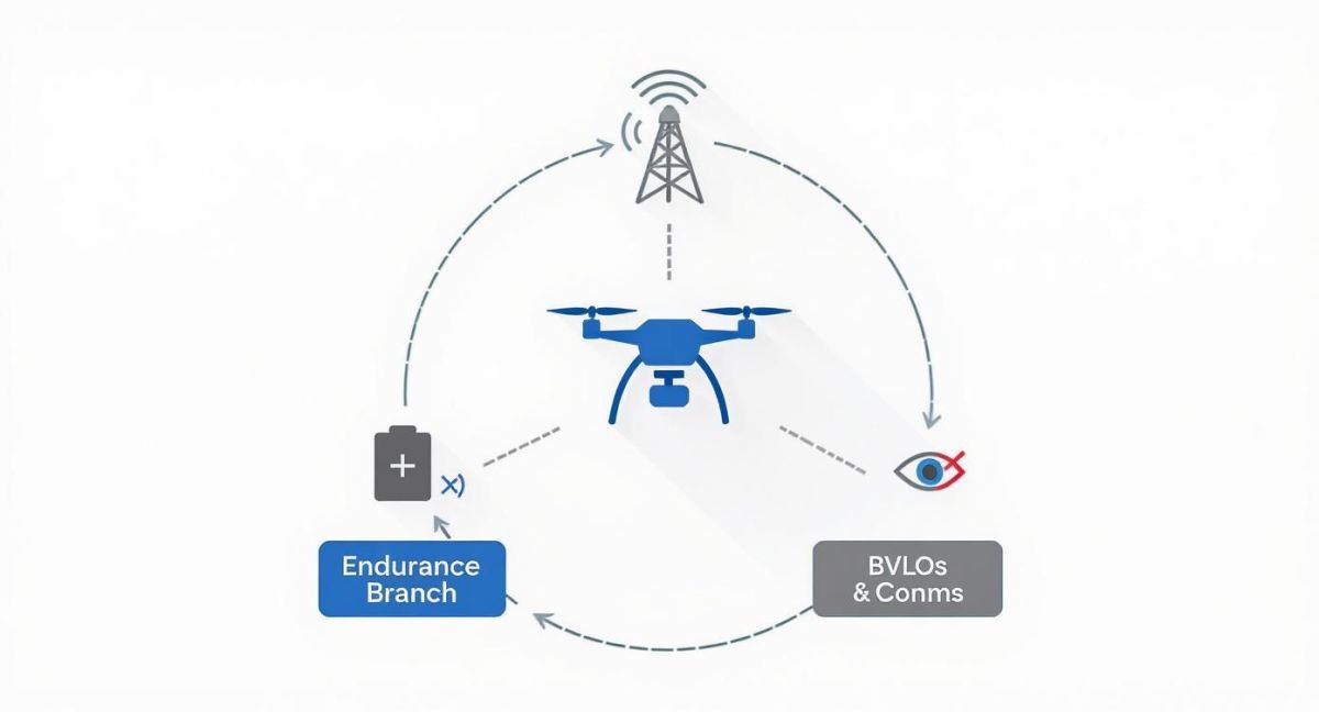 Diagram illustrating key components for long-range drone operations: endurance, BVLOS, and communications.