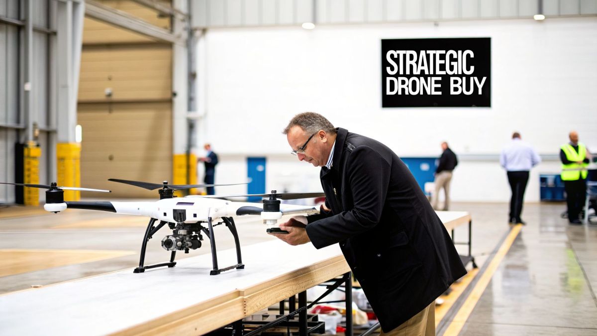 A man in a coat inspects a white professional drone on a table in an industrial setting.