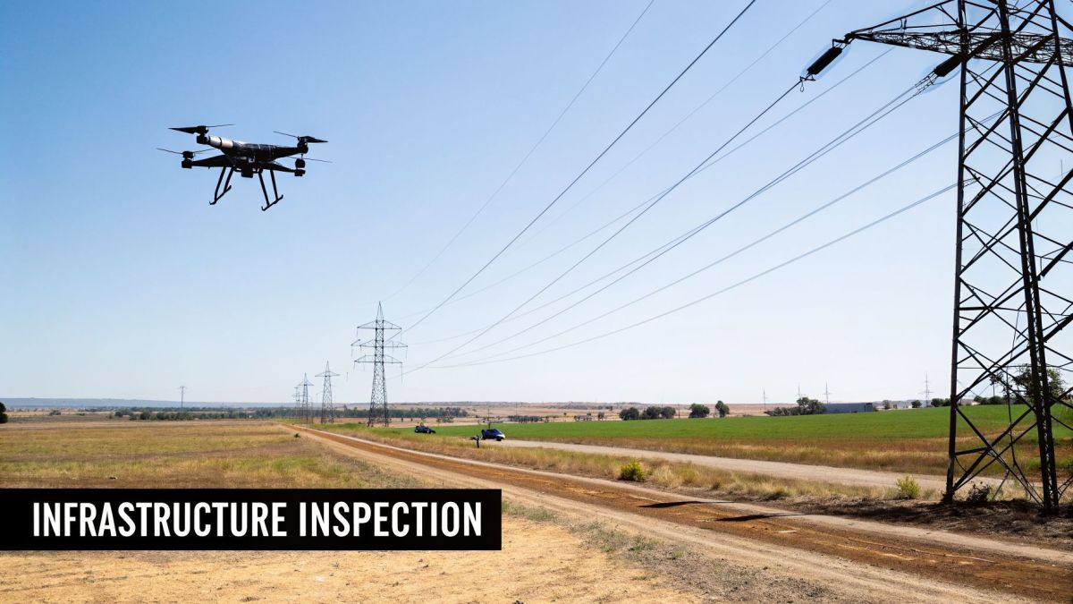 A drone inspecting power lines and electricity pylons in a wide rural landscape under a clear sky.
