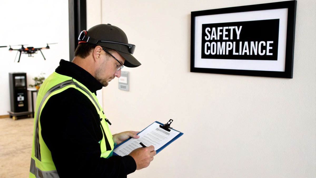 A drone pilot performing pre-flight checks in a field, ensuring safety protocols are followed.
