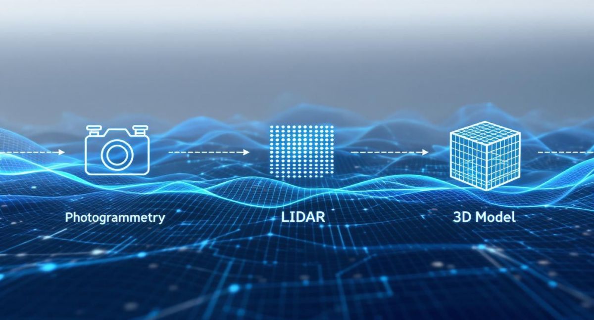 Photogrammetry to LIDAR to 3D model workflow diagram showing drone mapping data processing stages