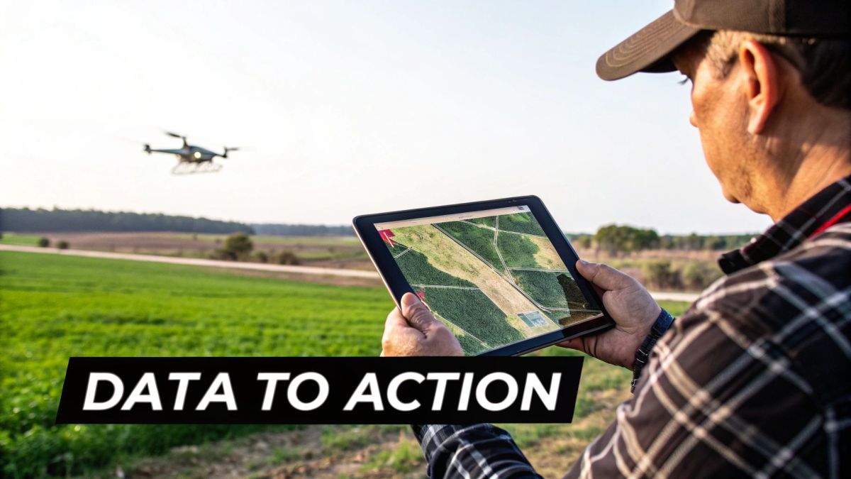 A person uses a tablet to view a field map with a drone flying in the background, demonstrating data in agriculture.