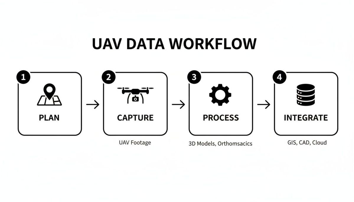 A clear diagram illustrating the four-step UAV data workflow: Plan, Capture, Process, Integrate, with icons and descriptions.
