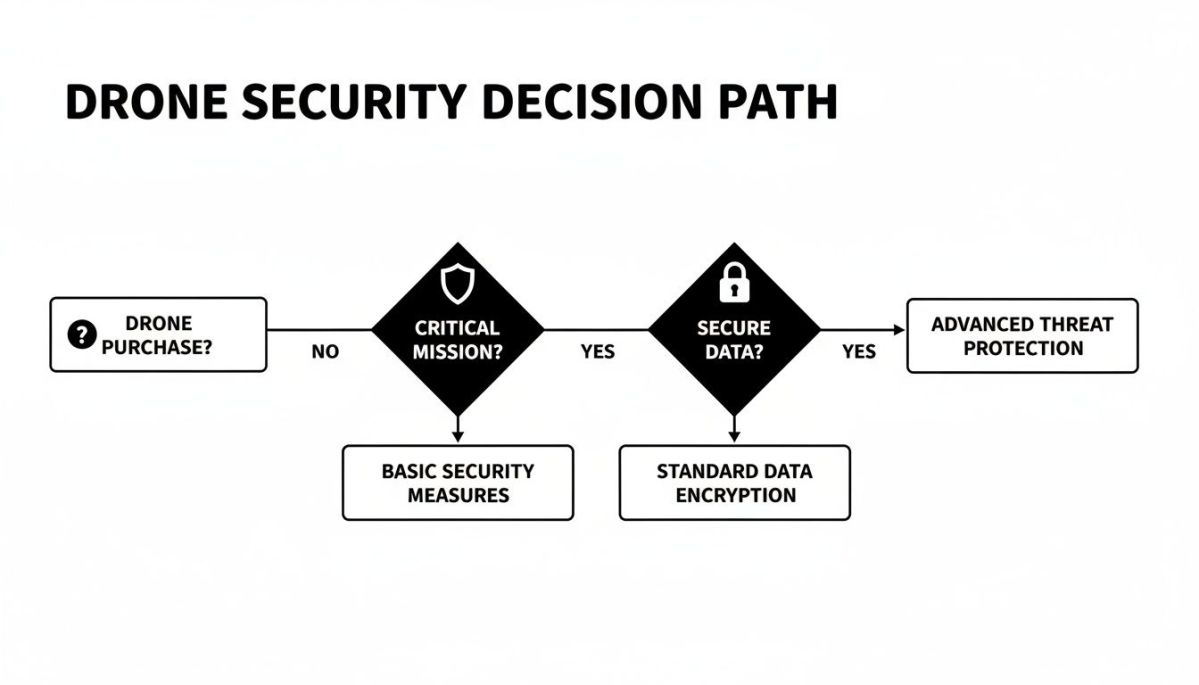 Flowchart illustrating the drone security decision path for purchase, mission criticality, and data protection.