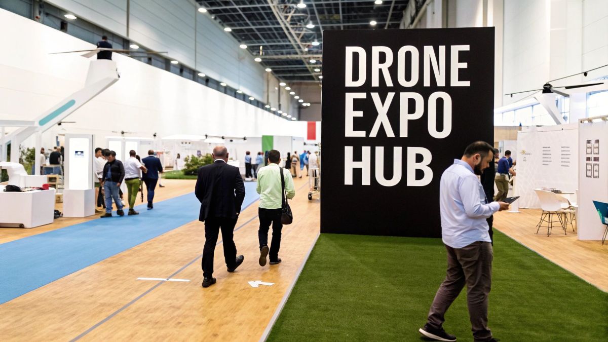 Professionals networking at a busy commercial drone expo, discussing UAV technology.