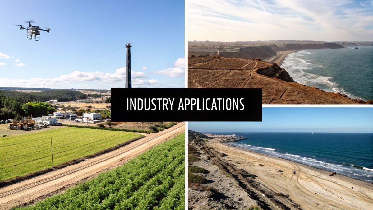 Collage of diverse industry applications including a LiDAR drone, coastal mapping, and agricultural monitoring.